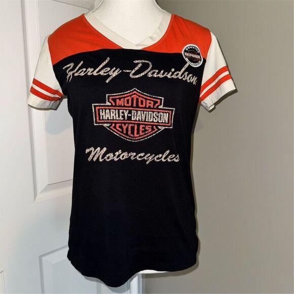Harley-Davidson Women's Orange Black Short Sleeve Vintage V-Neck T-Shirt Size M - Picture 1 of 11
